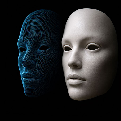 High-poly human face wireframe mesh glowing on a dark screen