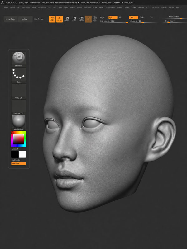 High-poly digital face sculpt in ZBrush
